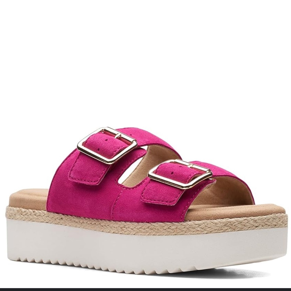 Clarks LANA BEACH Pink Suede wedge Sandals buckles sz7